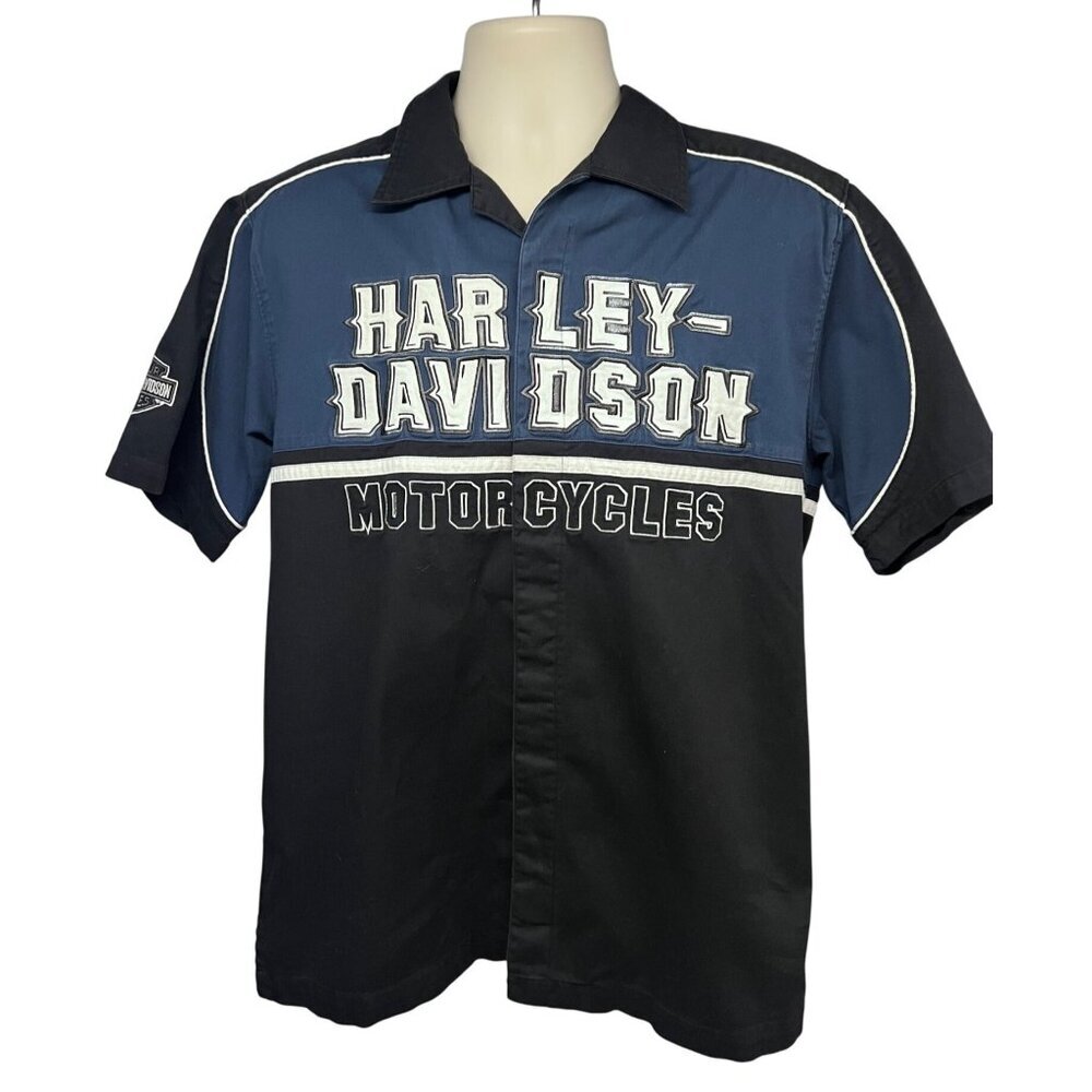 Harley Davidson Mechanic Garage Black Blue Colorblock Double Graphic Shirt M
